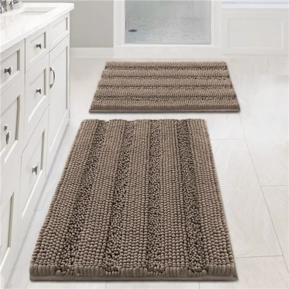 2 Piece Bathroom Set Extra Thick Chenille Striped Pattern Bath Rugs for Bathroom